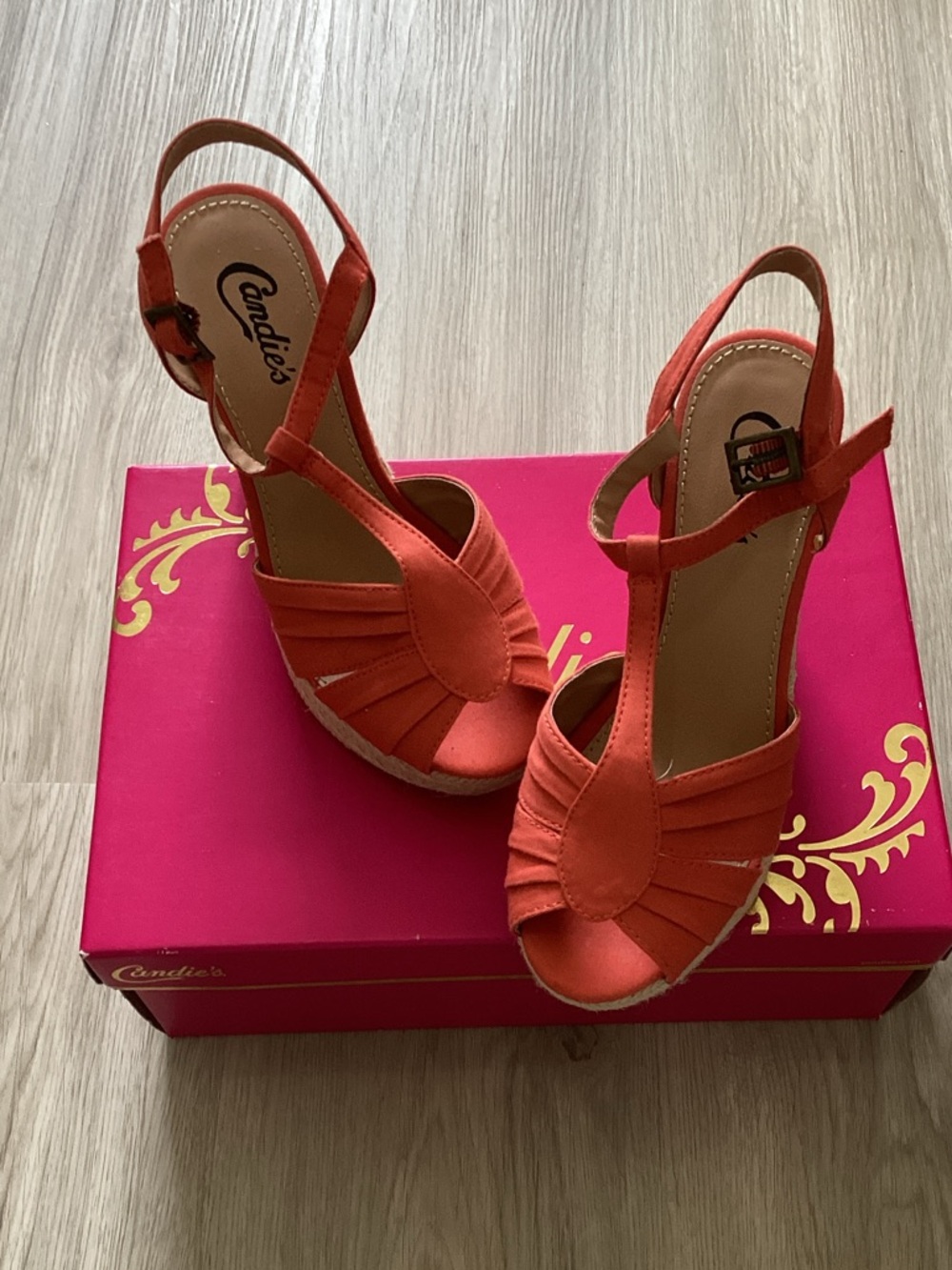Candie's Orange Peep-Toe Slingback Wedge Sandals